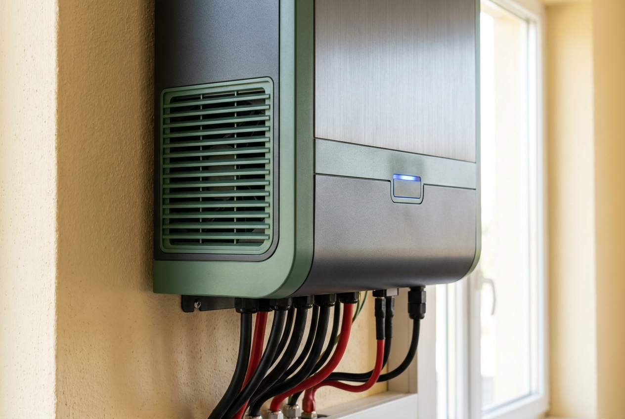 Detail van een moderne zonnepaneel-omvormer met statusindicator