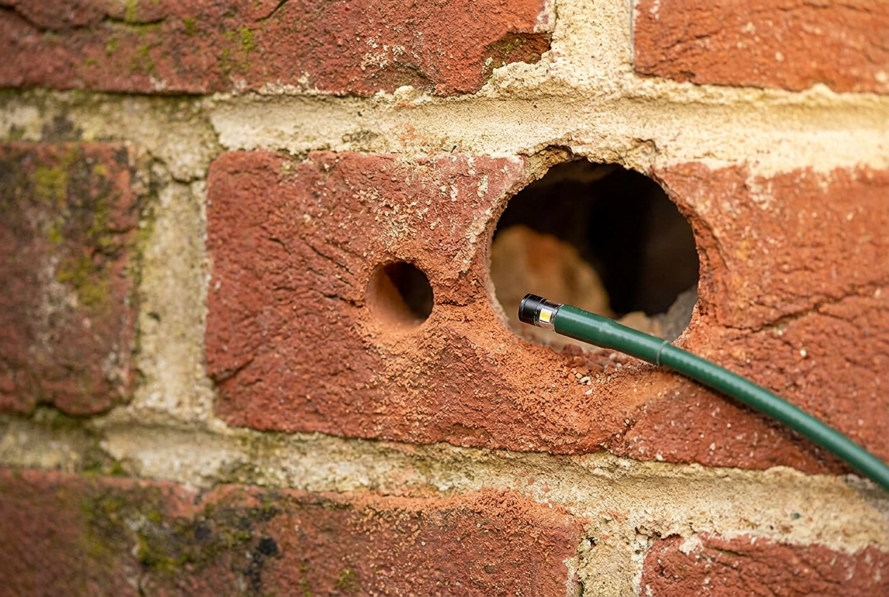 Boorgaatje in de voeg van een spouwmuur met inspectieprobe