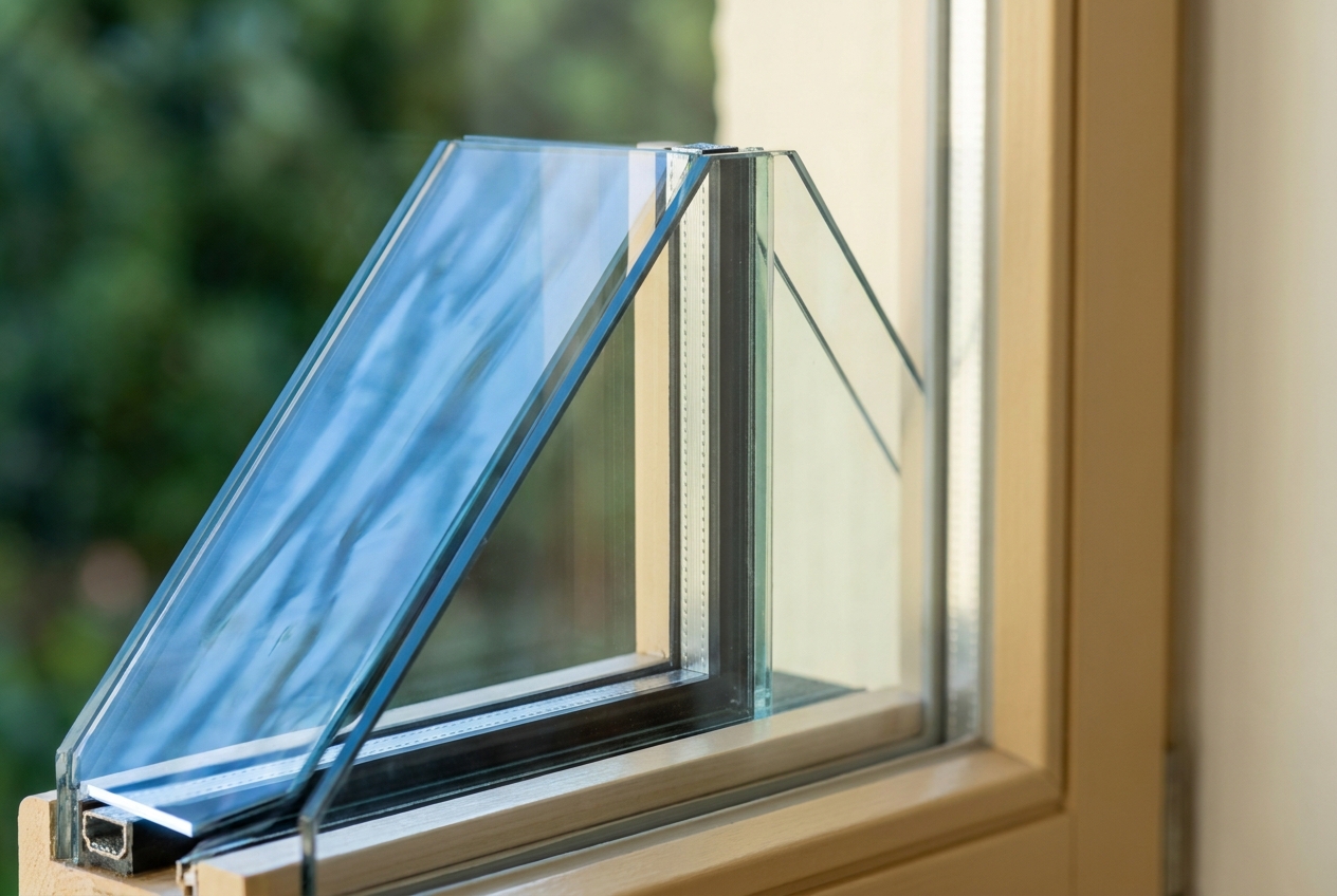 Detail van HR++ isolatieglas met spouw tussen de glasplaten