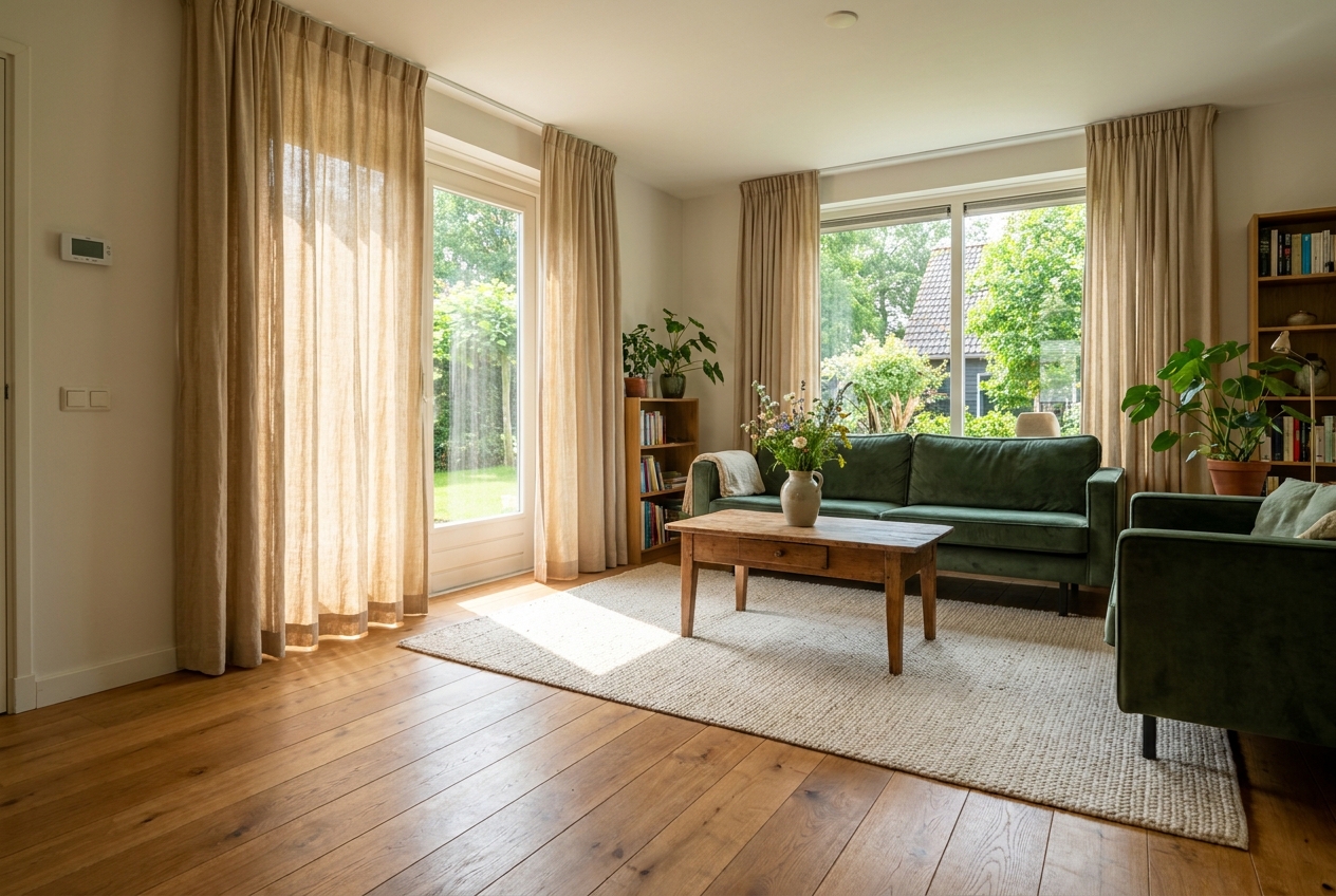 Woonkamer met vloerverwarming die in de zomer koelt