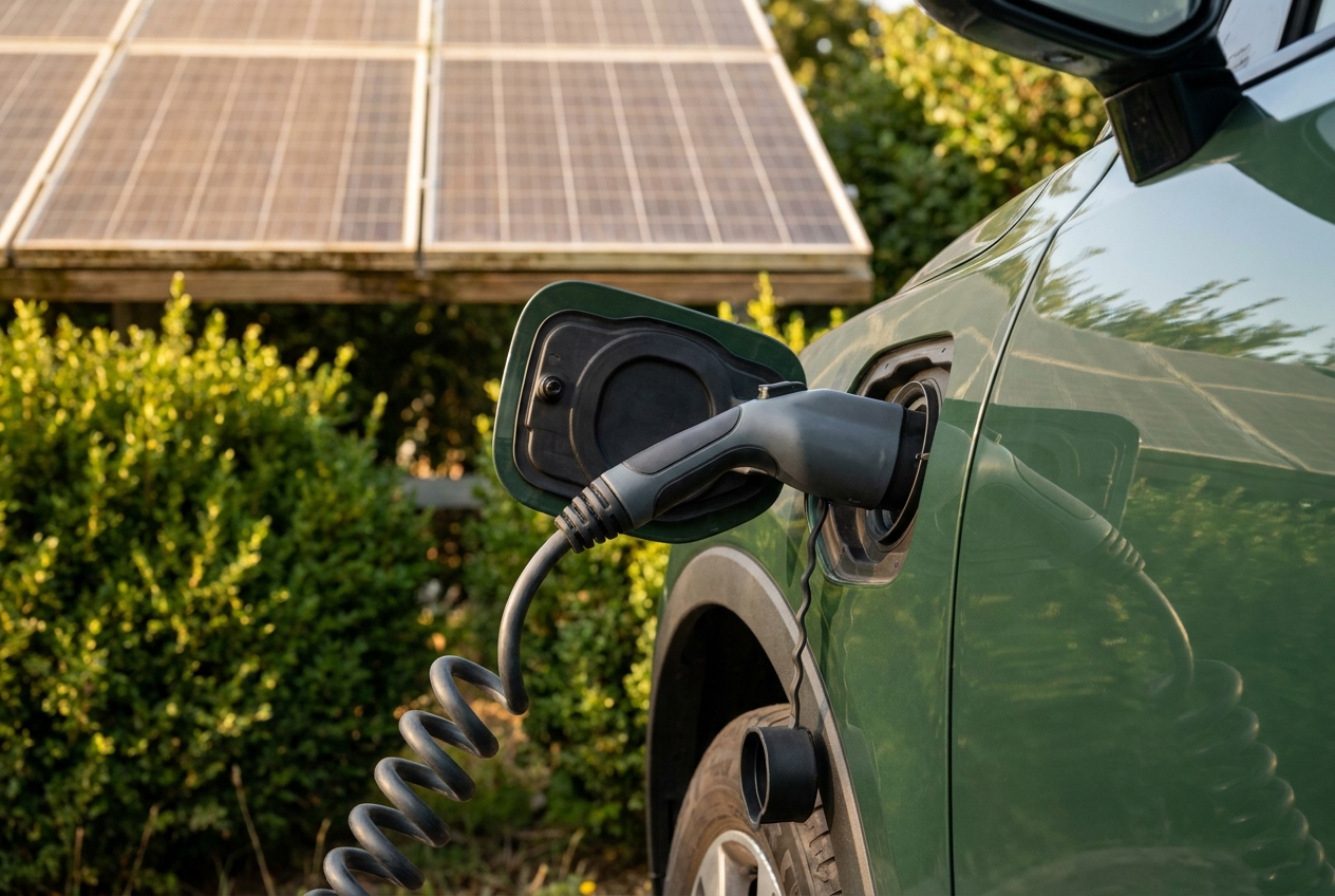 Laadstekker in een elektrische auto met zonnepanelen op de achtergrond