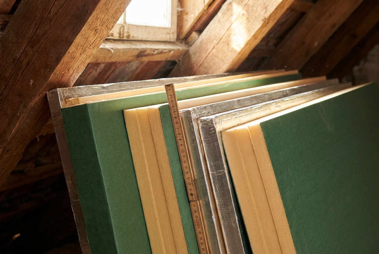PIR-isolatieplaten tegen een houten dakspant