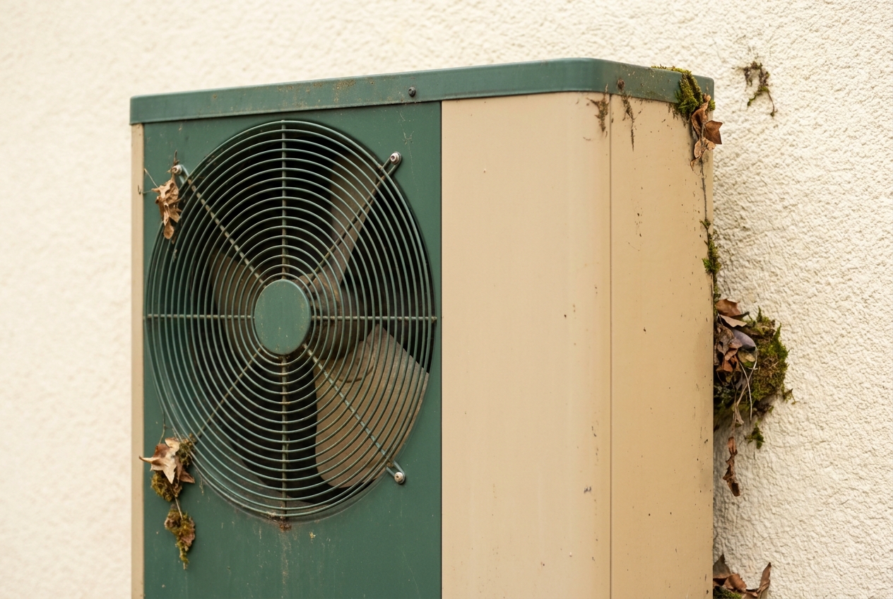 Detail van de ventilator en behuizing van een warmtepomp-buitenunit