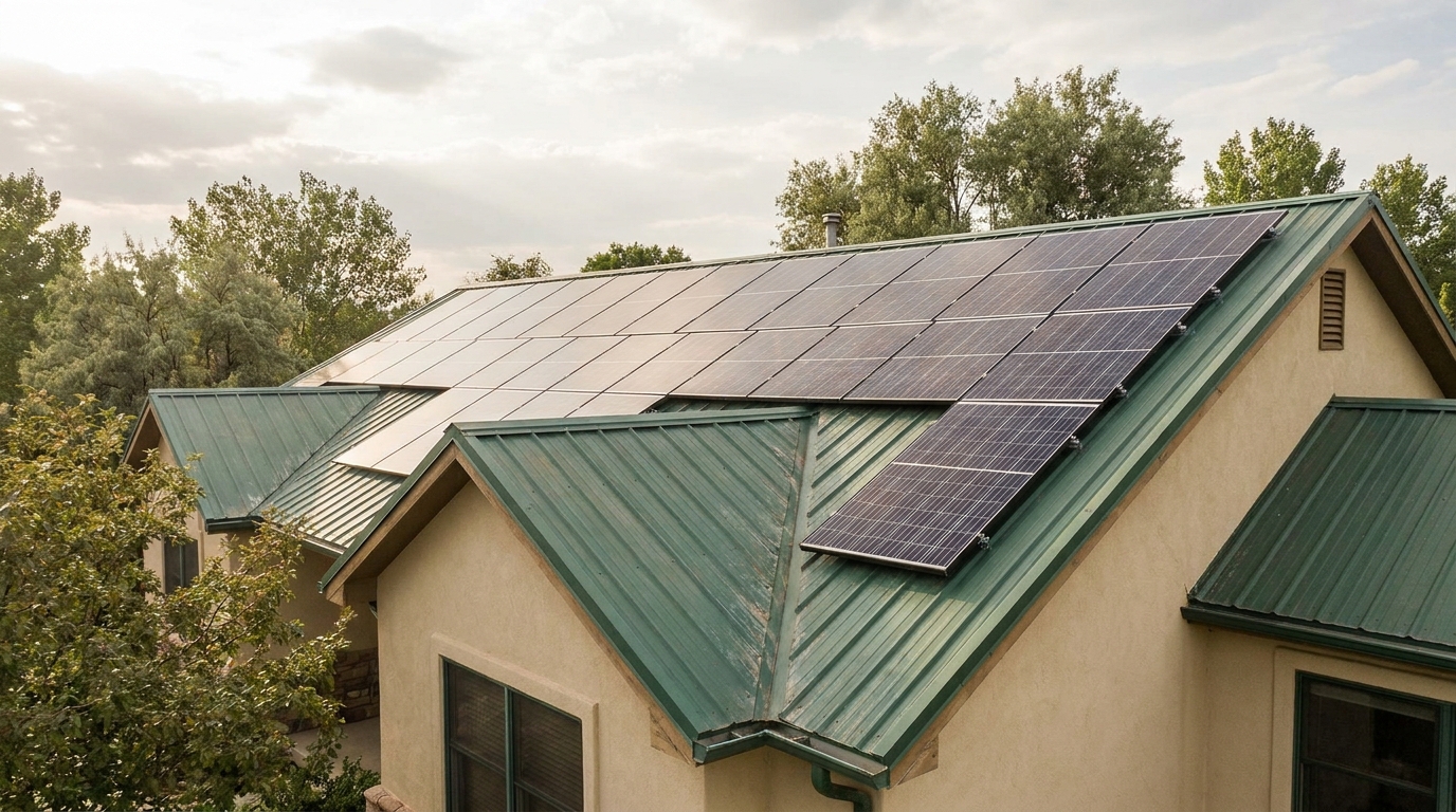 Rijen zonnepanelen op een woningdak in zacht daglicht