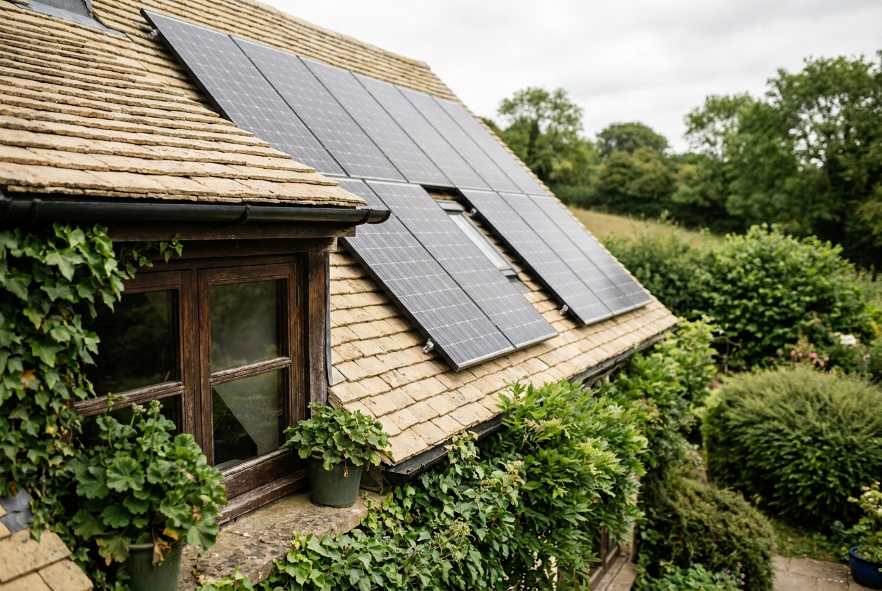 Zonnepanelen op een dak met een houten kozijn en groen op de voorgrond