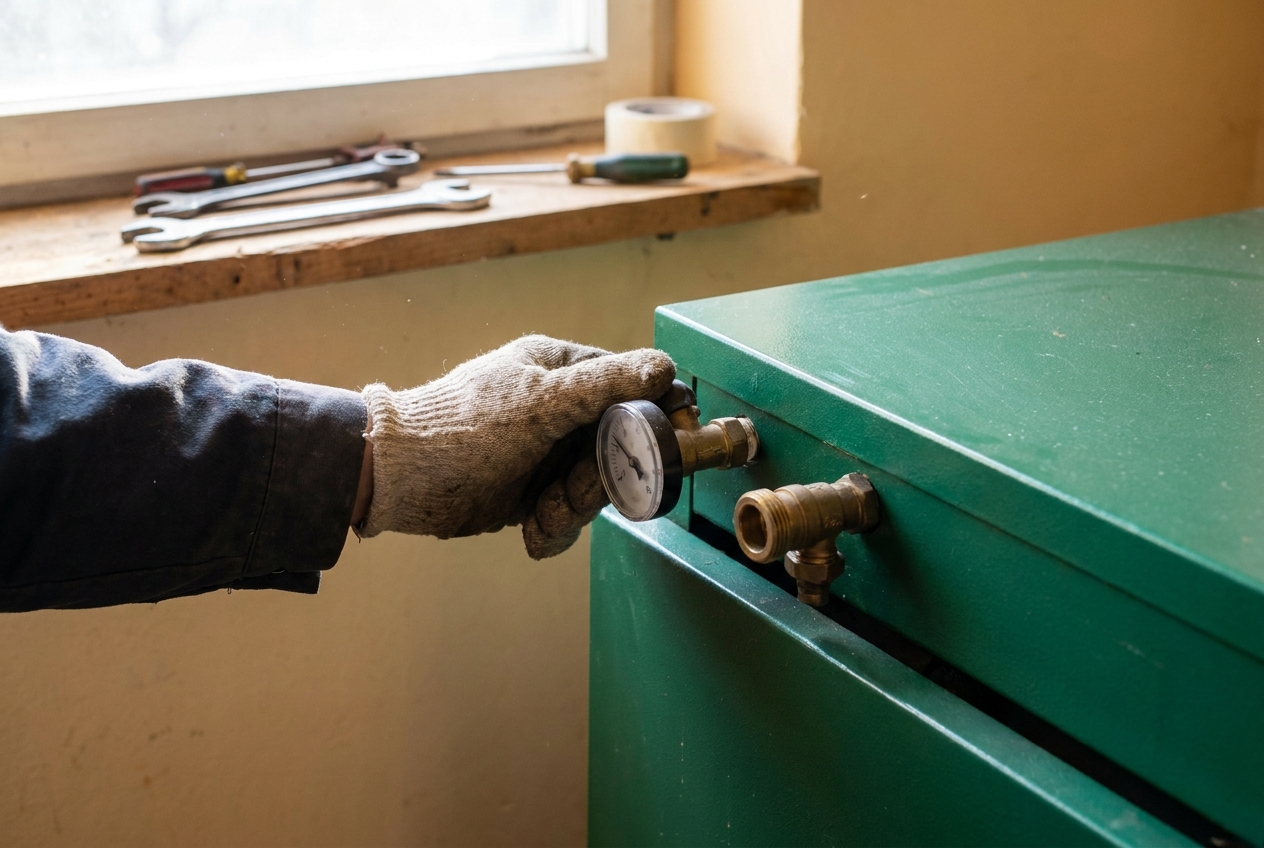 Hand die de druk en kranen van een cv-ketel controleert