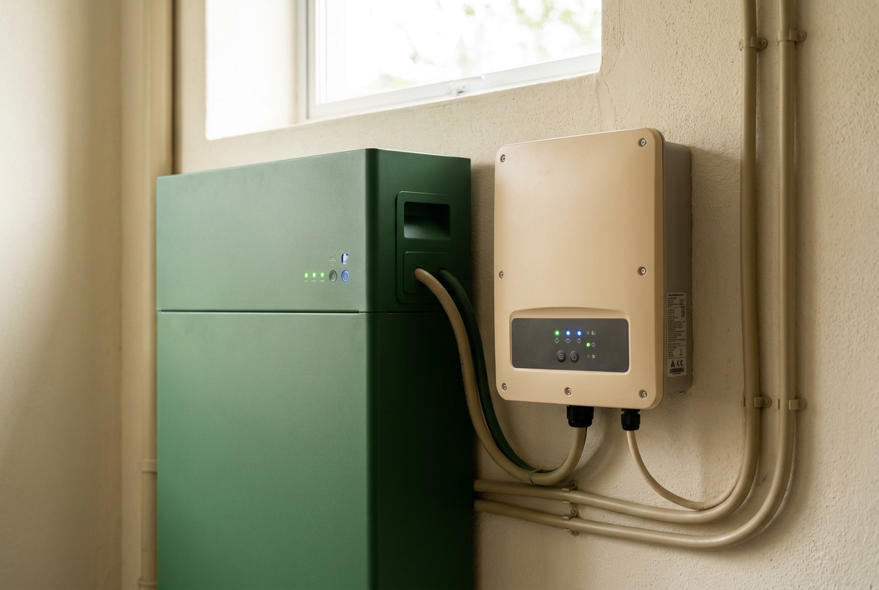 Detail van een thuisbatterij en omvormer aan een ecru muur