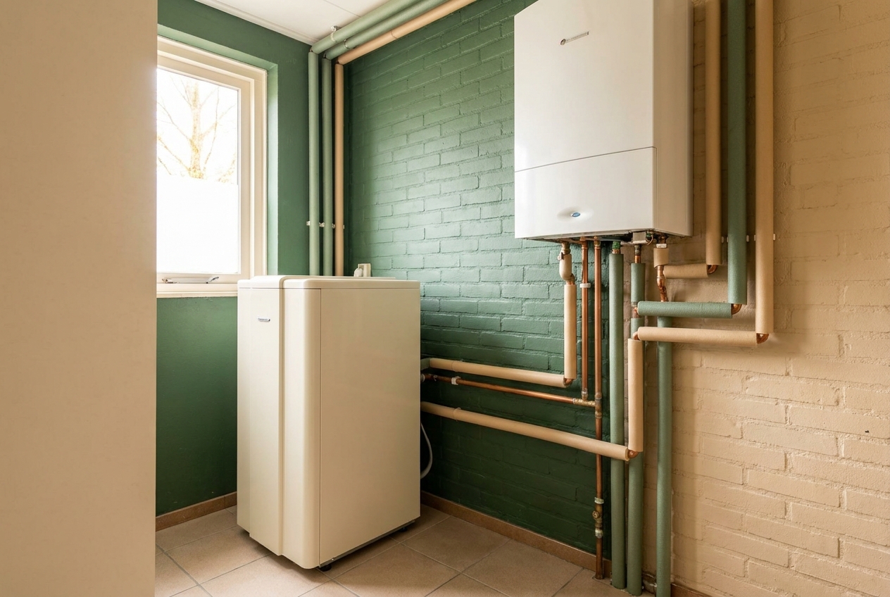 Hybride warmtepomp binnenunit naast een cv-ketel in een Nederlandse bijkeuken