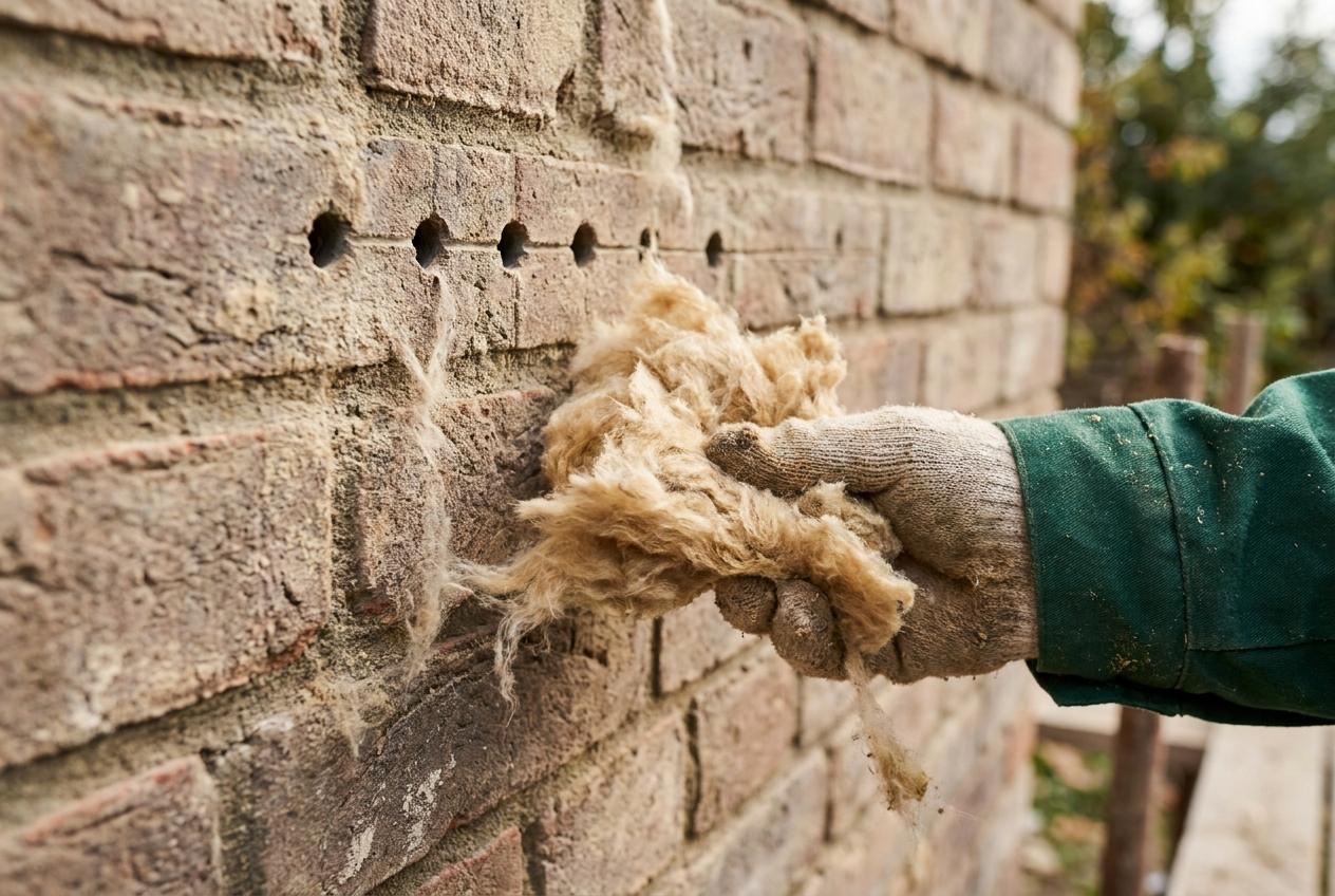 Hand met minerale wol isolatiemateriaal bij een bakstenen muur met boorgaten