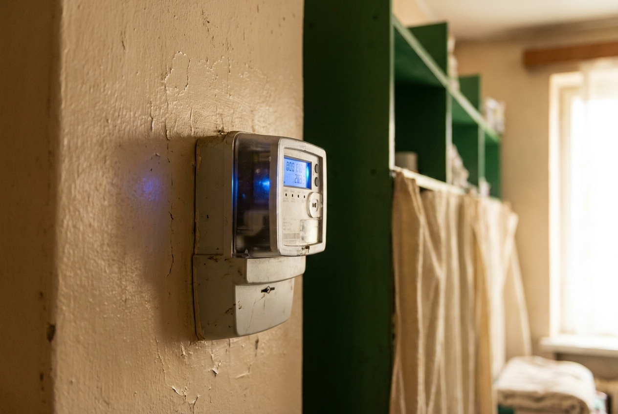Digitale slimme meter op een muur die het stroomverbruik toont