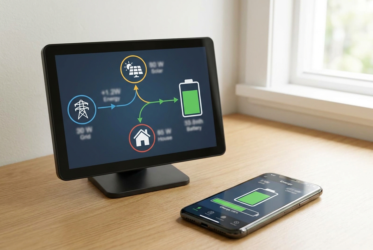 Energiemonitor en app met accu-lading